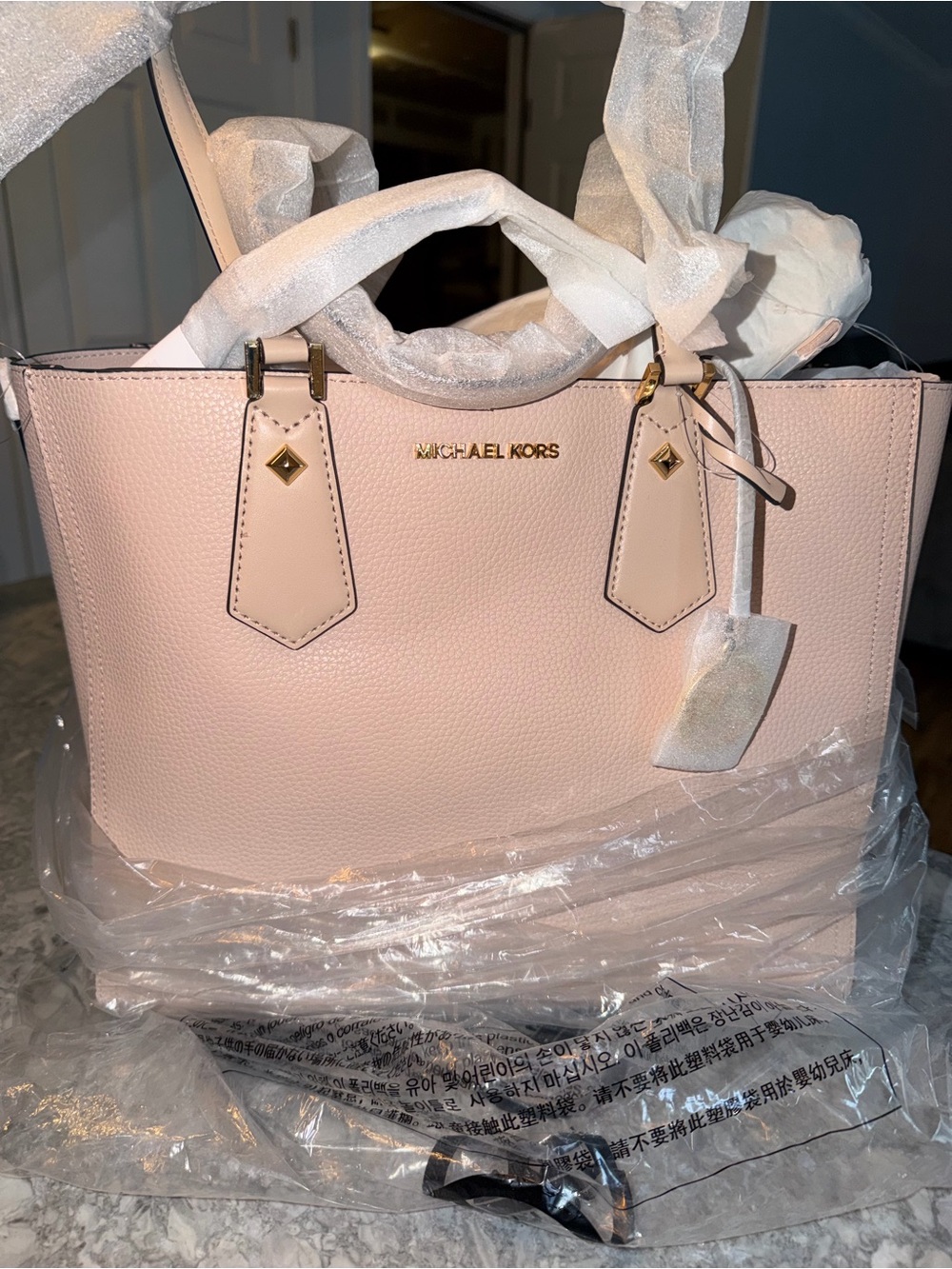 Michael Kors Pale Pink Pebbled Leather Tote with Gold Hardware